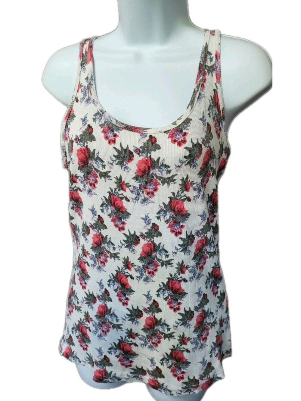 Vintage Y2K Tank Top Ribbed Knit XL Stretch 90s Preppy White Red Floral
